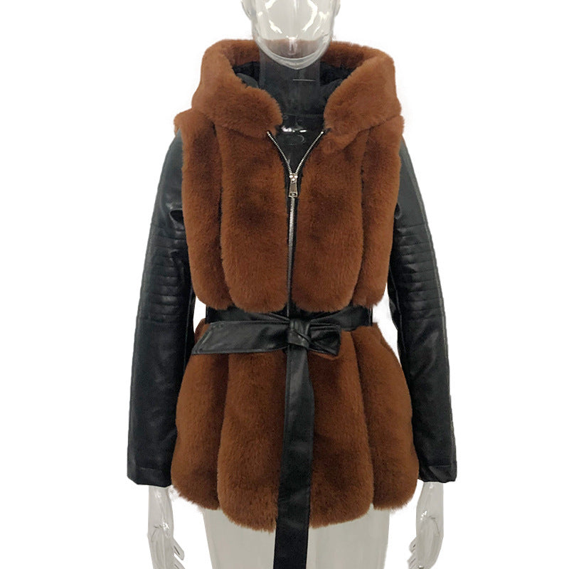 Women's New Fur Belt Hooded Zipper Coat