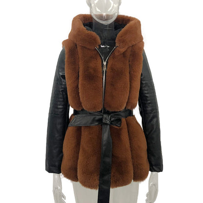 Women's New Fur Belt Hooded Zipper Coat