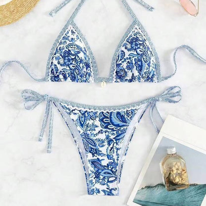 Blue And White Porcelain Printed Bikini Swimsuit Suit