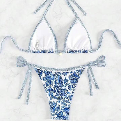 Blue And White Porcelain Printed Bikini Swimsuit Suit