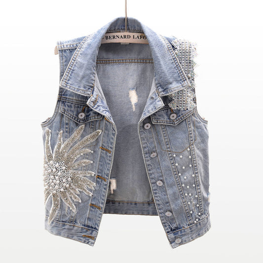 Women's Lace Studded Beaded Denim Jacket