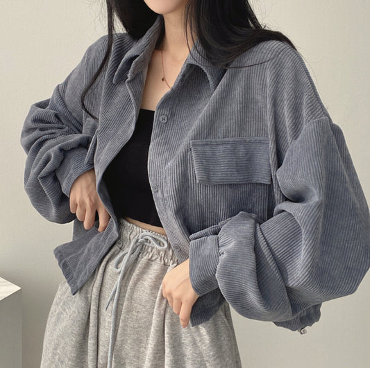 French Style Retro Easy Matching Corduroy Shirt Long Sleeve Coat For Women