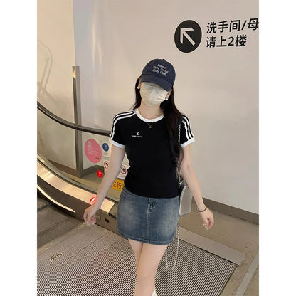 Hot Girl Embroidered Crew Neck Short Sleeve T-shirt Top