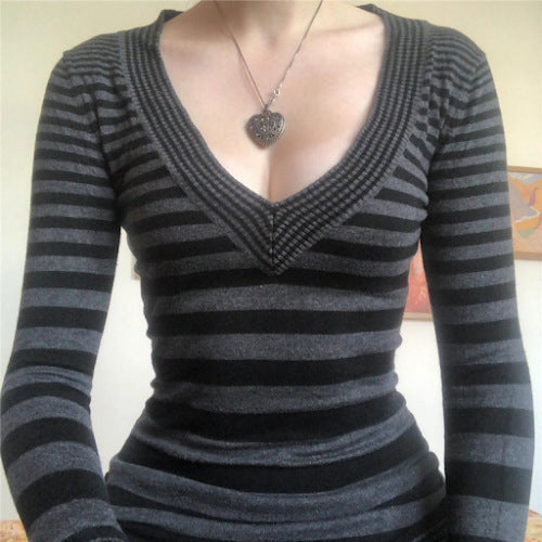 Striped V-neck Slim-fit Sweater Women's Top