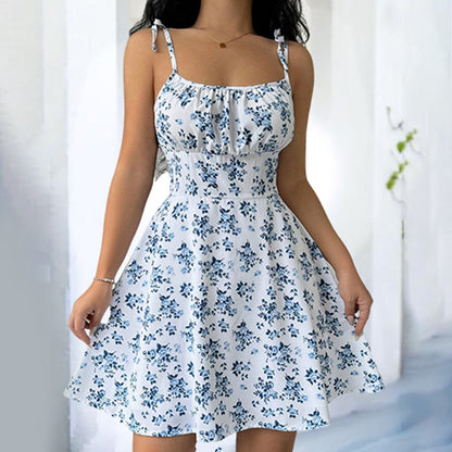 Womens Floral Mini Dress Spaghetti Strap Sleeveless Tie Shoulder Ruffle Dresses