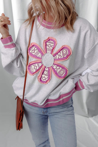 Gray Flower Patch Contrast Trim Crew Neck Sweatshirt