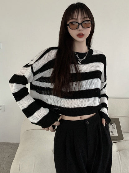 Women's Black And White Striped Sweater Autumn Sweater