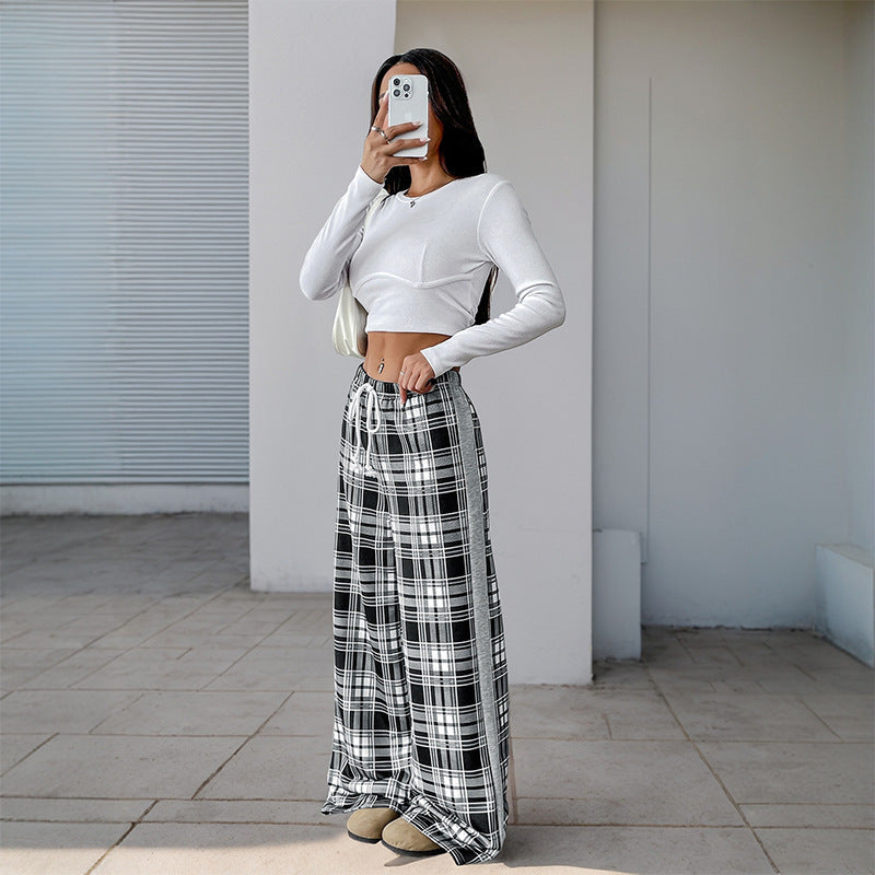 Casual Plaid Stitching Wide-leg Pants For Women