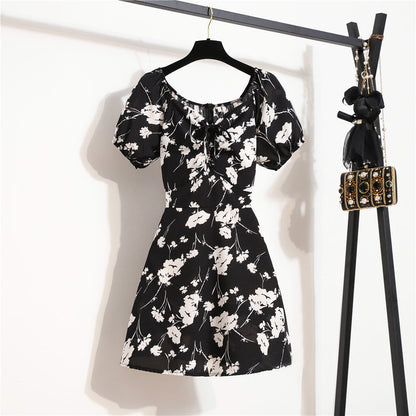 Summer Puff Sleeve Waist Slimming Small Elegant Floral Dress Women