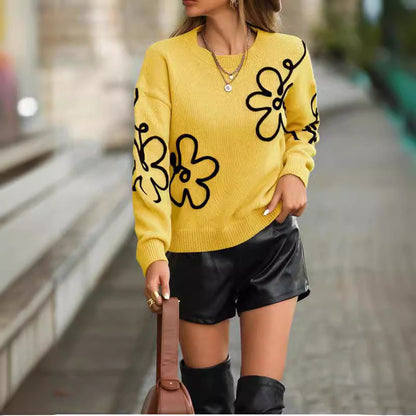 Solid Color Flower Knitted Sweater