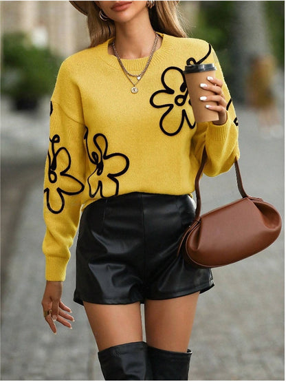 Solid Color Flower Knitted Sweater
