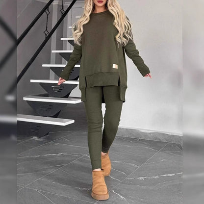 Women's Slit Long Sleeve Top And Trousers Suit