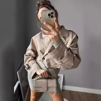 Long Sleeve Short Casual Solid Color Trench Coat