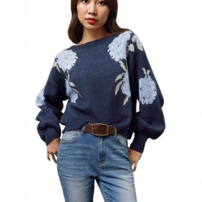 Off-neck Flower Jacquard Pullover Women's Loose Casual