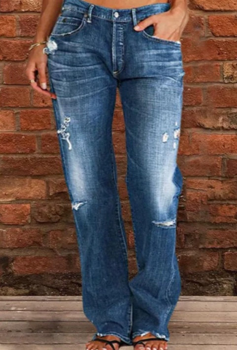 Women Men Denim Pants Casual Ripped Loose Straight Leg Jeans Trousers