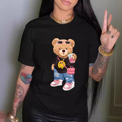 Cool Bear Printed T-shirt Short Sleeve Round Neck Casual Top