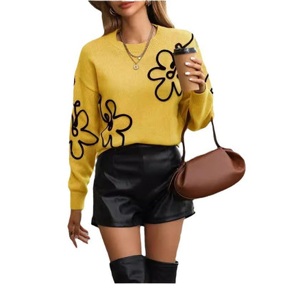 Solid Color Flower Knitted Sweater