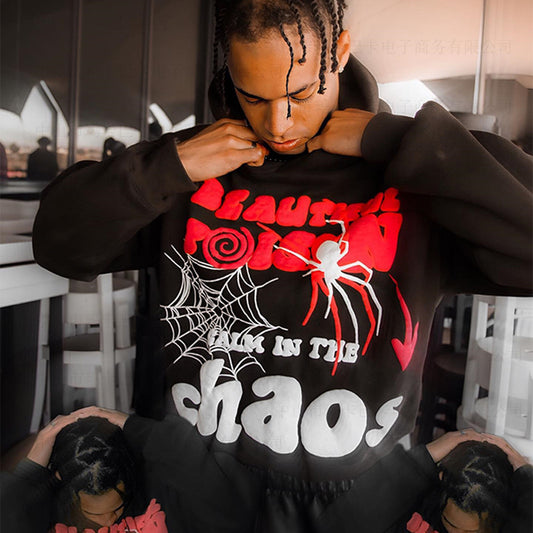 Letter Spider Web Foam Loose Hip Hop Hooded Pullover