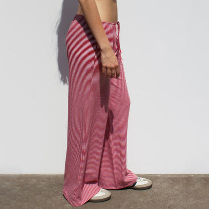 Women's Striped Print Y2K Fashion Casual Lace Up Home Straight  Wide-leg Pants
