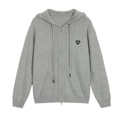 Loose Sports And Leisure Gray Hooded Knit Cardigan For Women