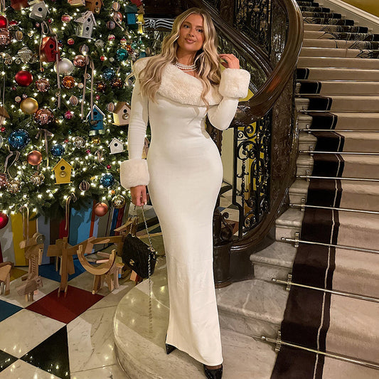 Solid Color Long Sleeve Oblique Collar Slim Christmas Dress