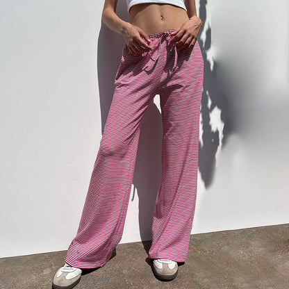 Women's Striped Print Y2K Fashion Casual Lace Up Home Straight  Wide-leg Pants