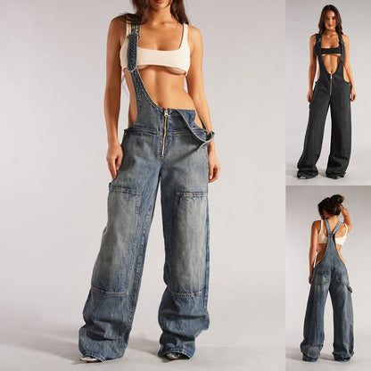 Y2K Denim Overalls With Pockets