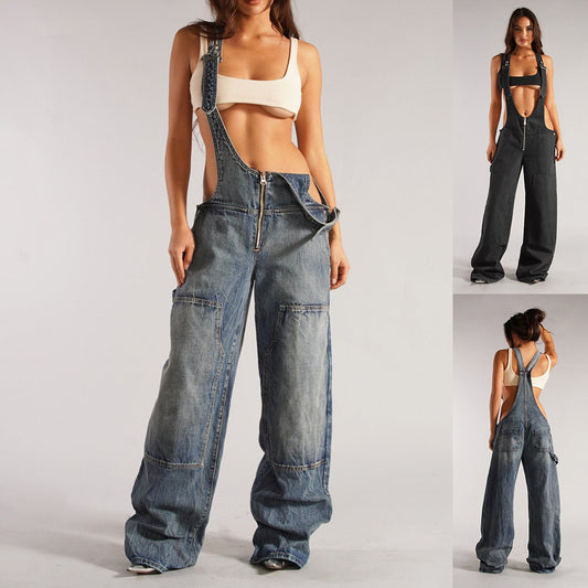Y2K Denim Overalls With Pockets