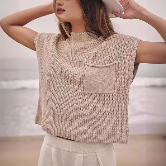 Women's Knitted Sleeveless Pocket Casual Rib Pullover