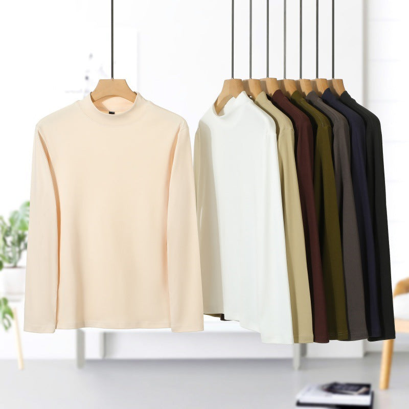 Men's Solid Color Threaded Velvet Half High Neck T-shirt