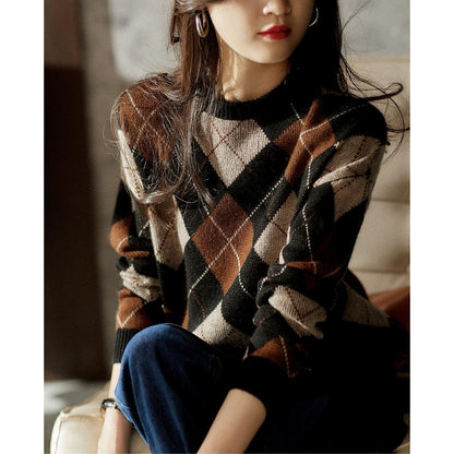 Contrast Color Diamond Plaid Wool Top