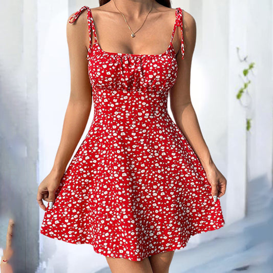 Womens Floral Mini Dress Spaghetti Strap Sleeveless Tie Shoulder Ruffle Dresses