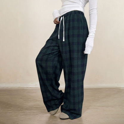 Women's Casual Plaid Trousers Elastic Waist Casual Pants