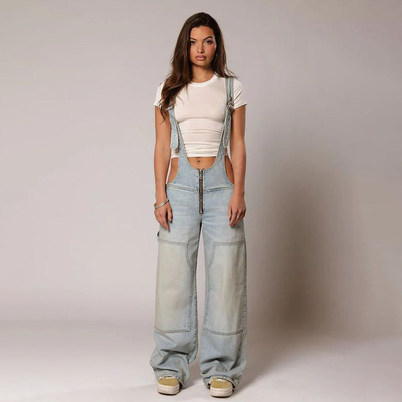 Y2K Denim Overalls With Pockets