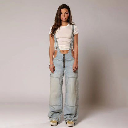 Y2K Denim Overalls With Pockets