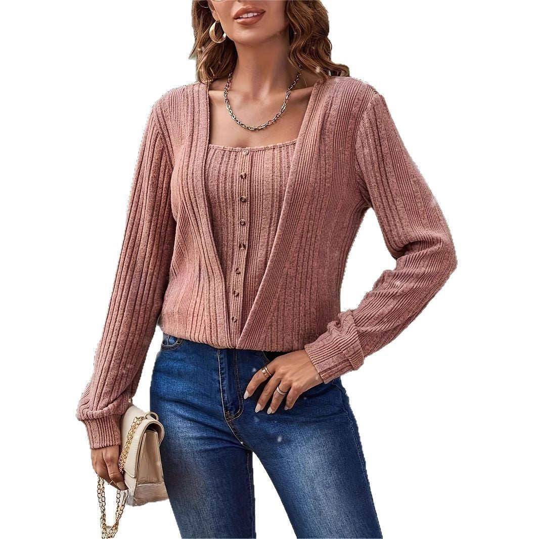 Button Loose Long Sleeve Solid Color Knitted T-shirt