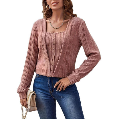 Button Loose Long Sleeve Solid Color Knitted T-shirt