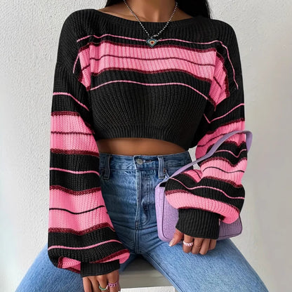 Knitted Contrast Color Striped Loose All-match Long Sleeve