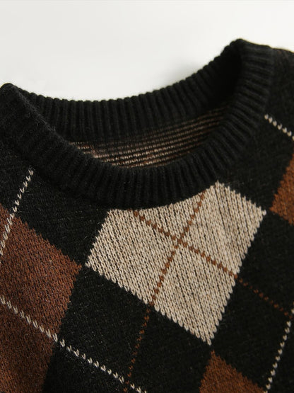 Contrast Color Diamond Plaid Wool Top