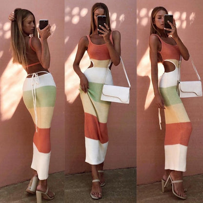 Women's Suspender Striped Colorblock Lace-up Knitted Dress