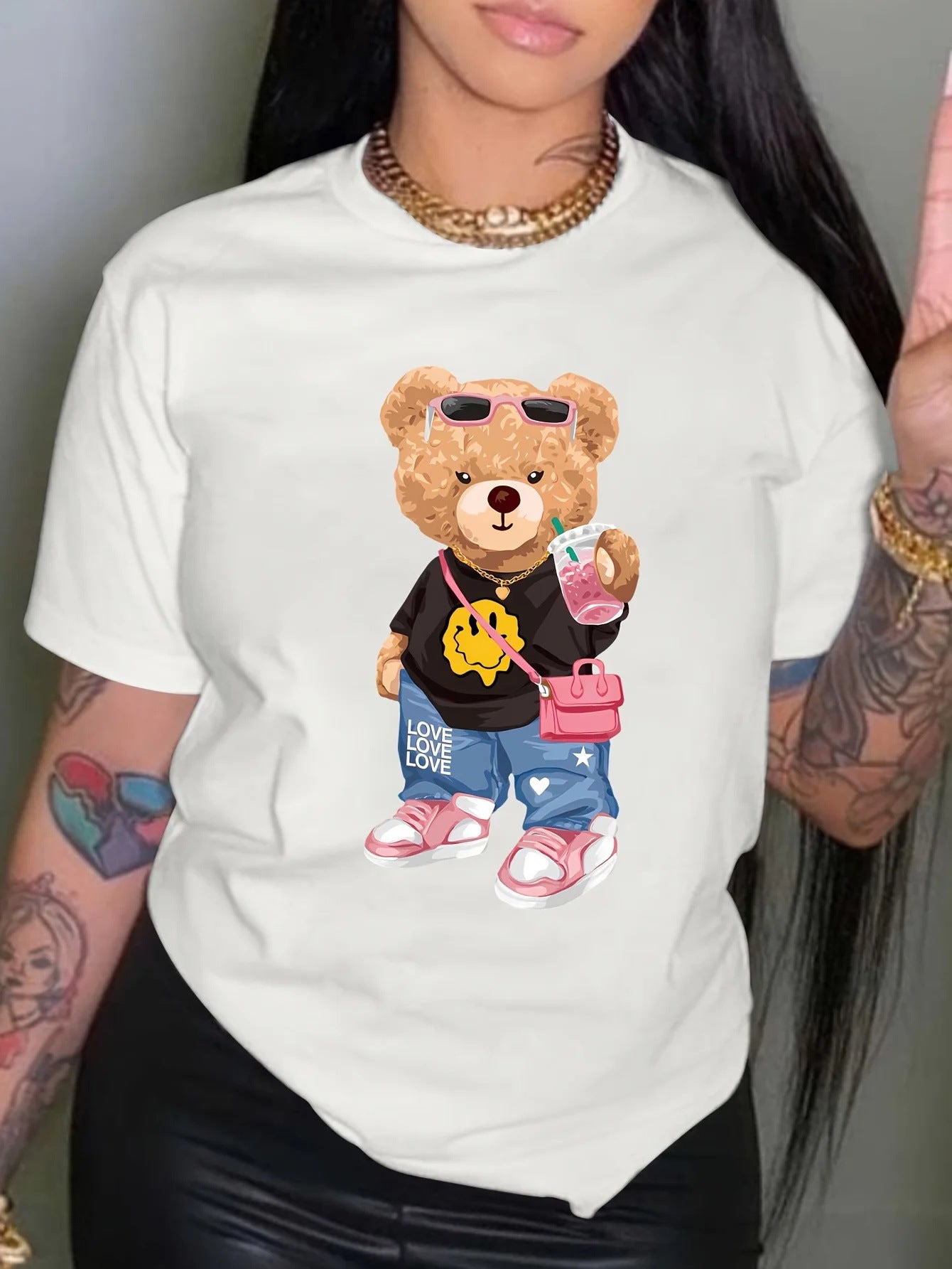 Cool Bear Printed T-shirt Short Sleeve Round Neck Casual Top
