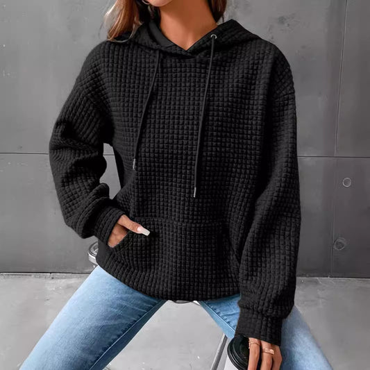 Small Plaid Pocket Long Sleeved Solid Color Top Hoodie