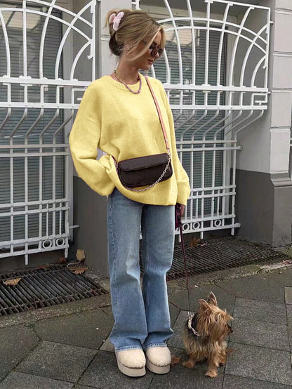 Yellow Solid Color Round Neck Long Sleeved Knitted Women's