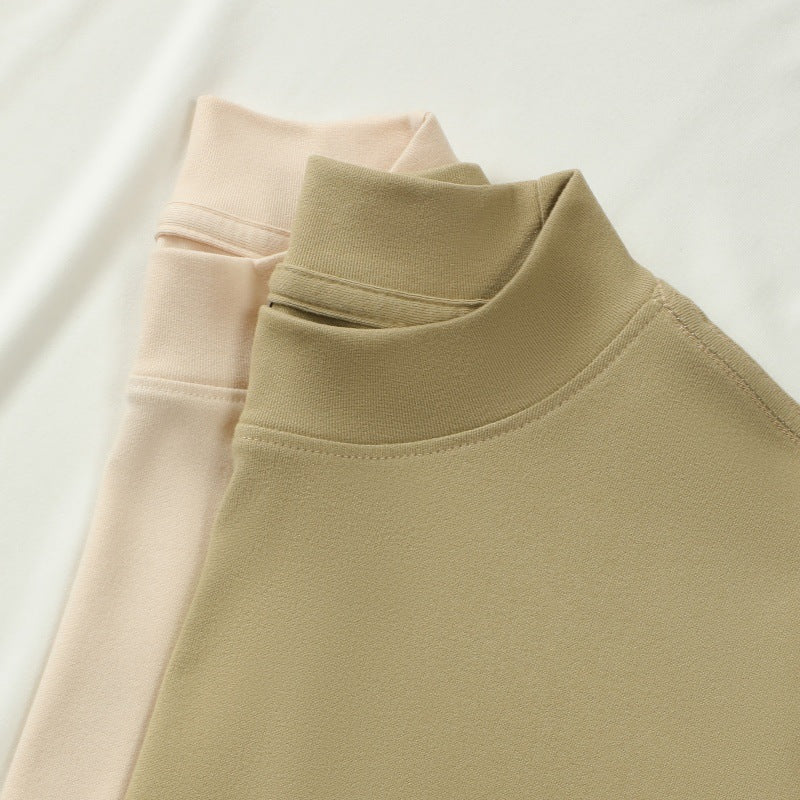 Men's Solid Color Threaded Velvet Half High Neck T-shirt