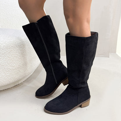 Chunky Heel Suede Side Zipper Boots