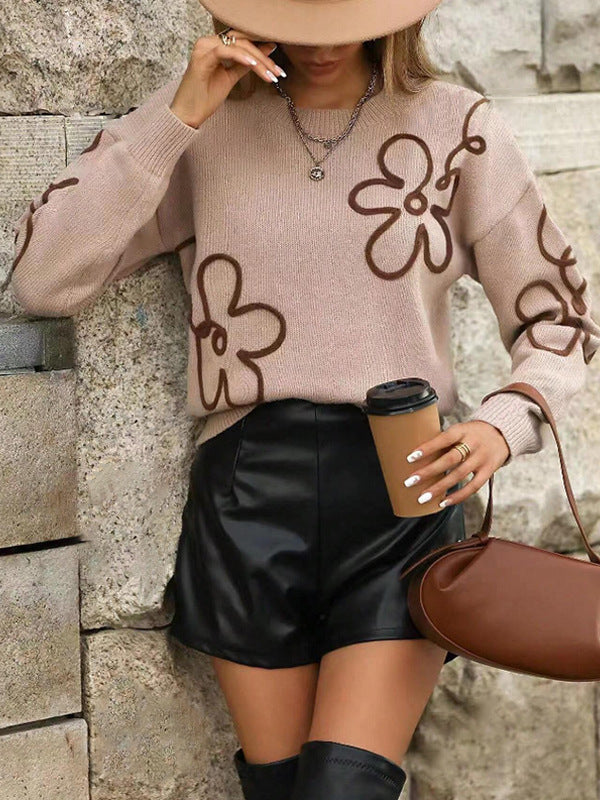 Solid Color Flower Knitted Sweater