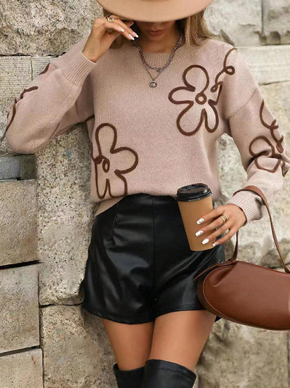 Solid Color Flower Knitted Sweater
