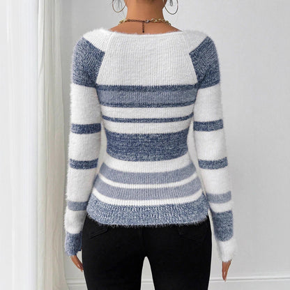 Slim Fit Square Collar Striped Sweater For Women