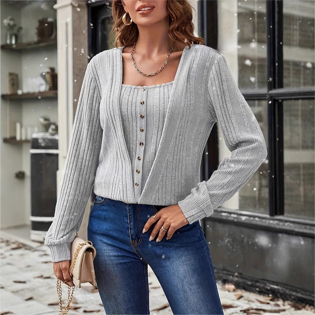 Button Loose Long Sleeve Solid Color Knitted T-shirt