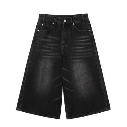 High Waist Wide Leg Cropped Denim Shorts Black Washed